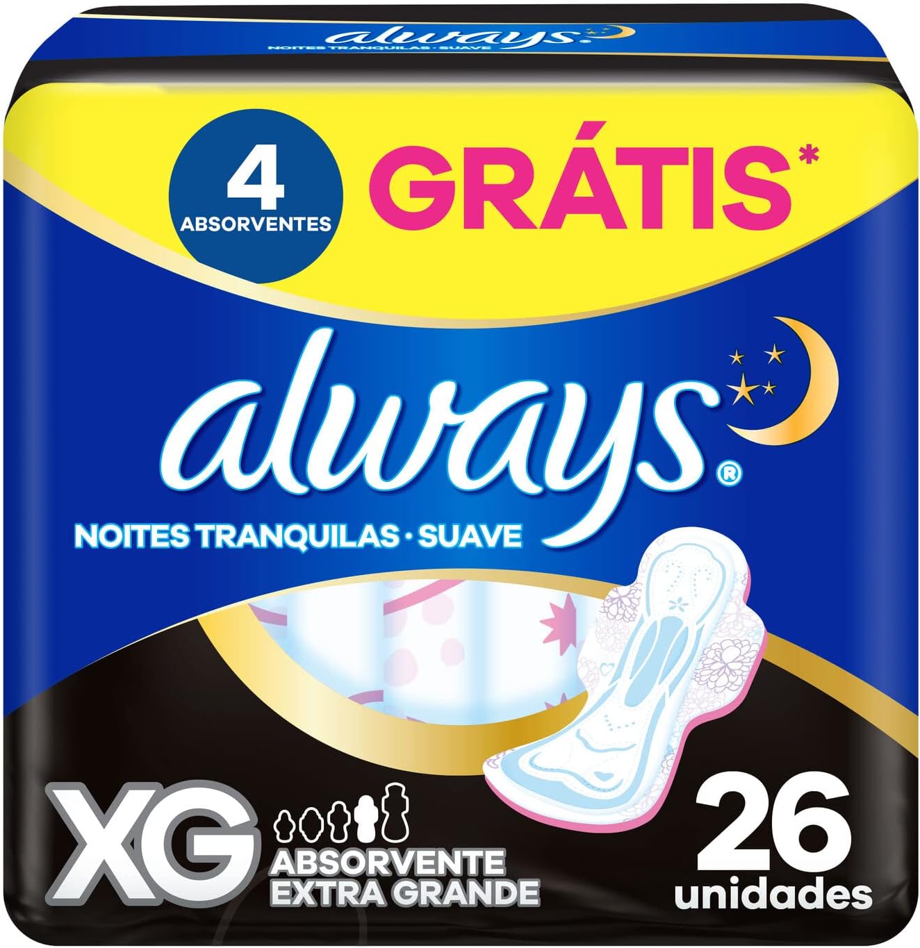 Absorvente Always Noites Tranquilas Cobertura Suave XG Com Abas 26 unidades