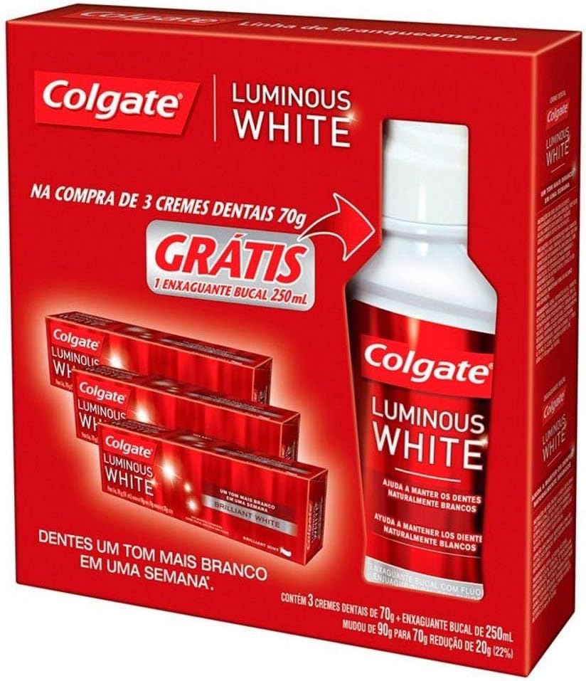 Kit Colgate Luminous White Brilliant Mint 3 pastas de dente 70g + 1 enxaguante bucal 250ml