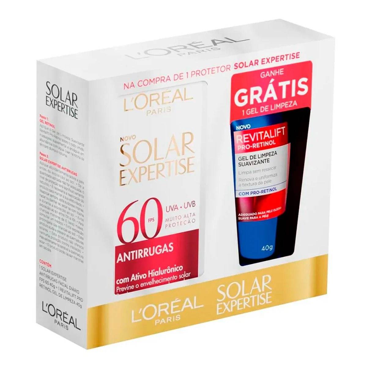 Kit L'Oréal Protetor Solar Expertise Antirrugas FPS60 40g + Gel de Limpeza Revitalift Pro-Retinol 40g