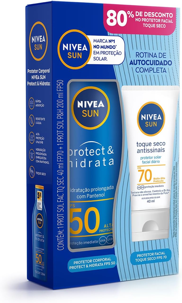 Kit Nivea Sun Rotina de Autocuidado Completa Protetor Solar Protect & Hidrata FPS50 200ml + Protetor Solar Facial Toqu Seco Antissinais FPS70 40ml