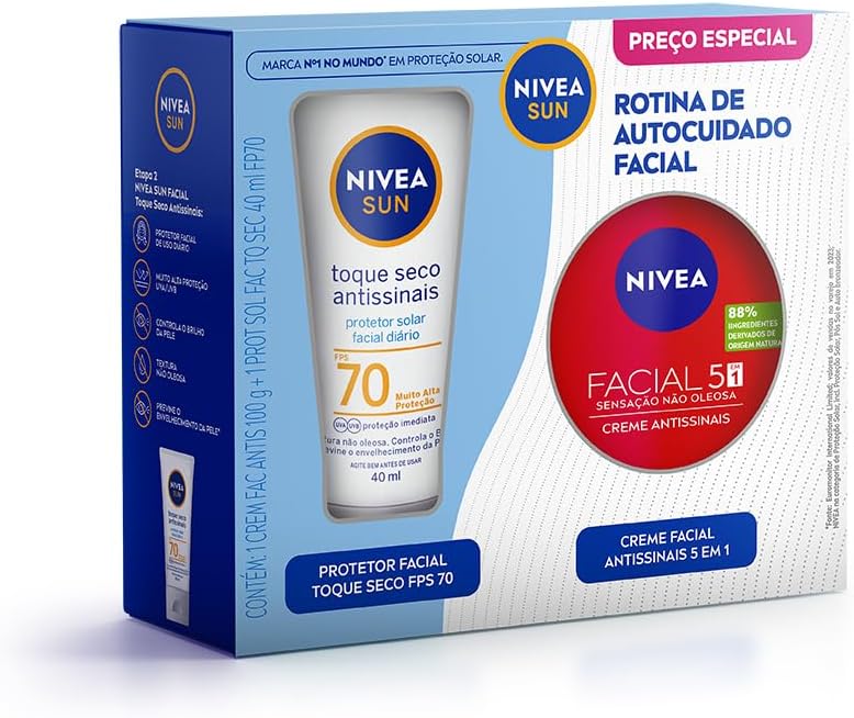 Kit Nivea Sun Rotina de Autocuidado Facial Protetor Solar FPS70 40ml + Creme Antissinais 100g