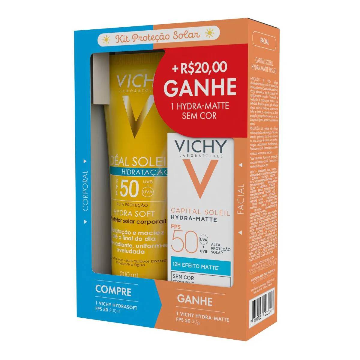 Kit Vichy Protetor Solar Corporal Idéal Soleil Hydra Soft FPS50 200ml + Facial Capital Soleil Hydra-Matte FPS50 30g