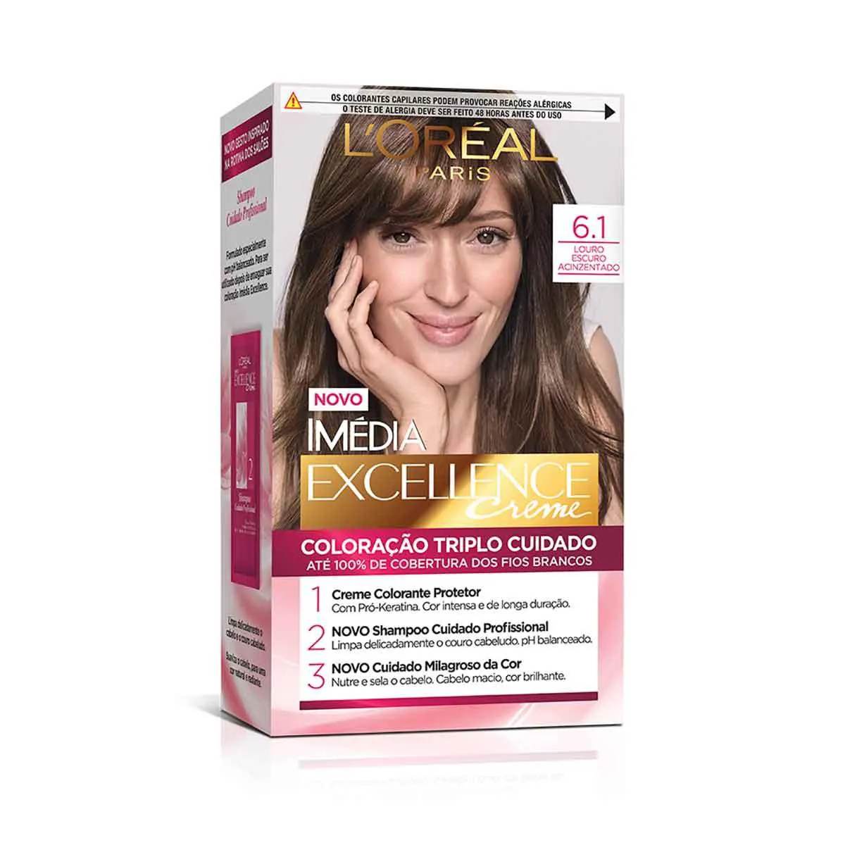 Tinta de Cabelo Permanente Imédia Excellence L'Oréal Paris Creme 6.1 Louro Escuro Acinzentado